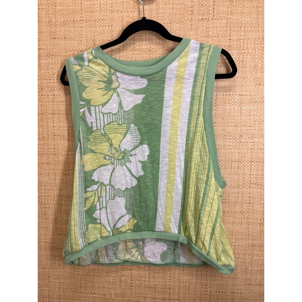 FP Movement Free People Floral Stripe Muscle Tank Top Womens Large Green Yellow
